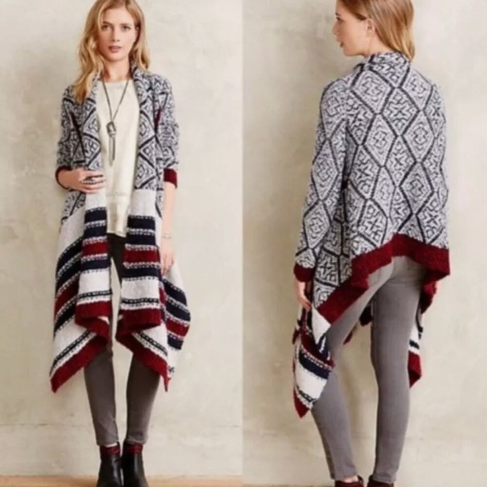 Anthropologie Sleeping on Snow Aztec Cardigan Open Shawl Gray Blue Maroon